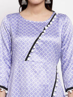 Myshka Women's Purple Silk Printed 3/4 Sleeve Round Neck Casual Anarkali Kurta Dupatta Set