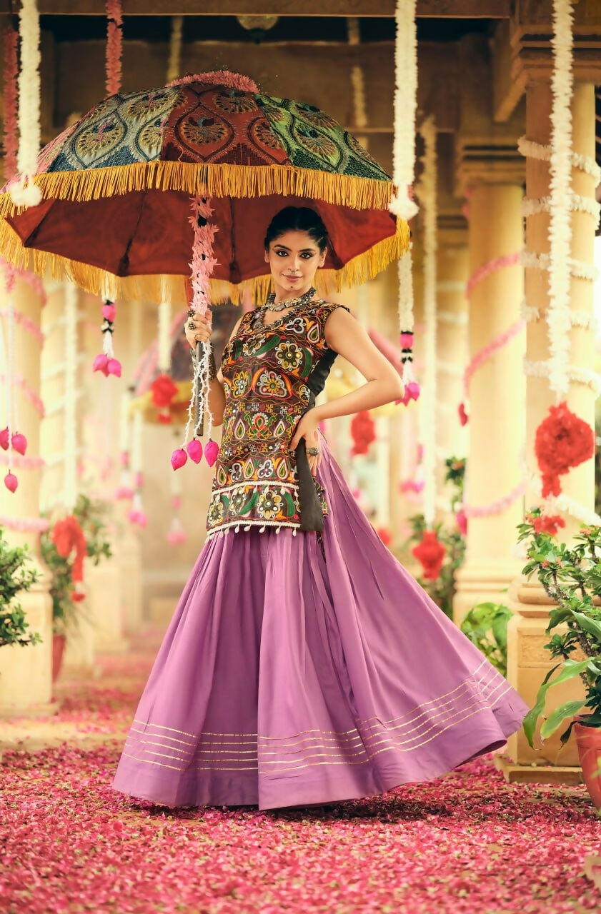 Teeya Creation Lavender Colour Rayon Silk Embroidery Work Fully Stitched Navratri Lehenga