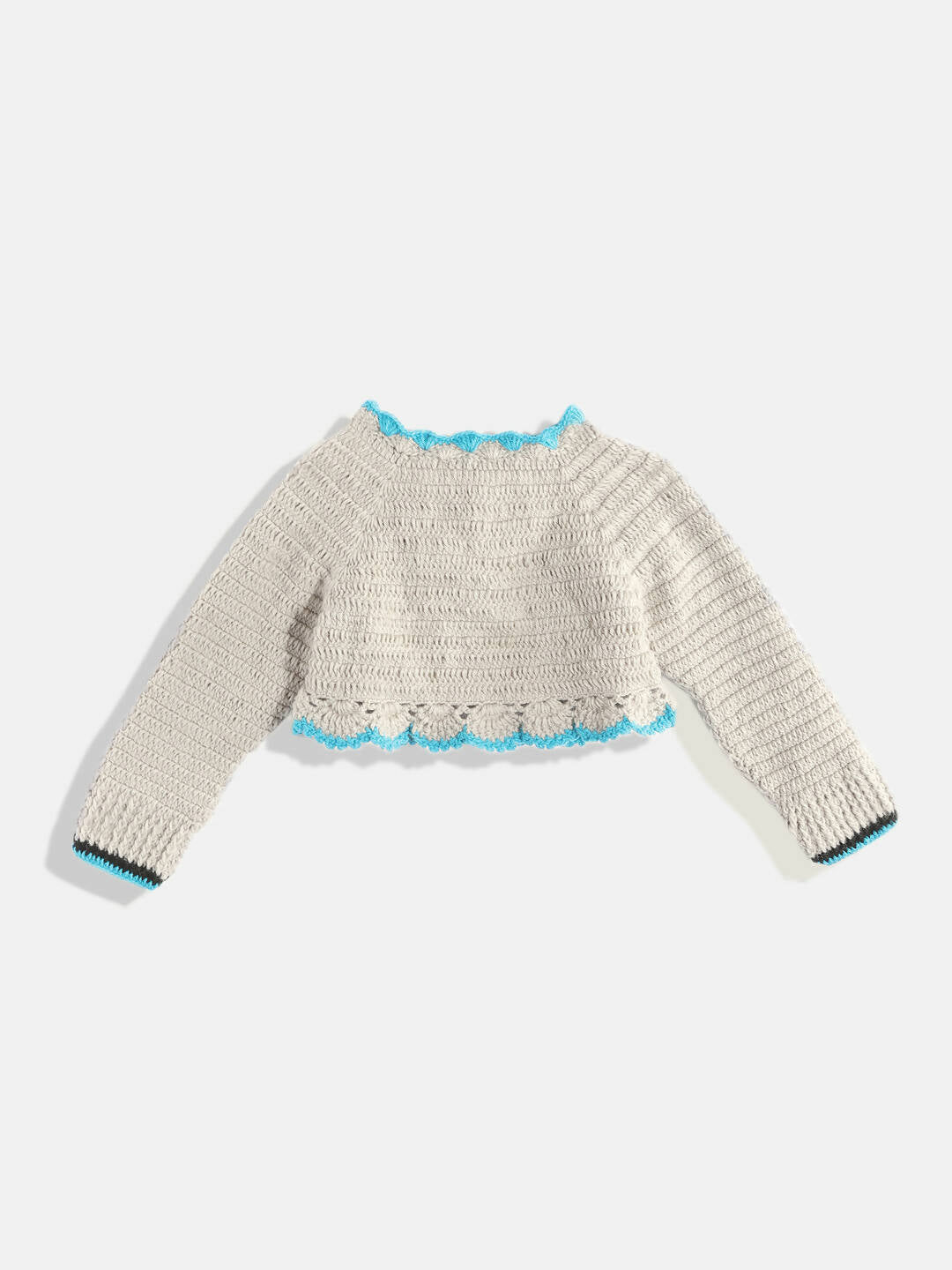 Chutput Kids Woollen Hand Knitted Full Sleeves Cardigan With Short Sleeves Flower Work Dress For Baby Girls - Grey