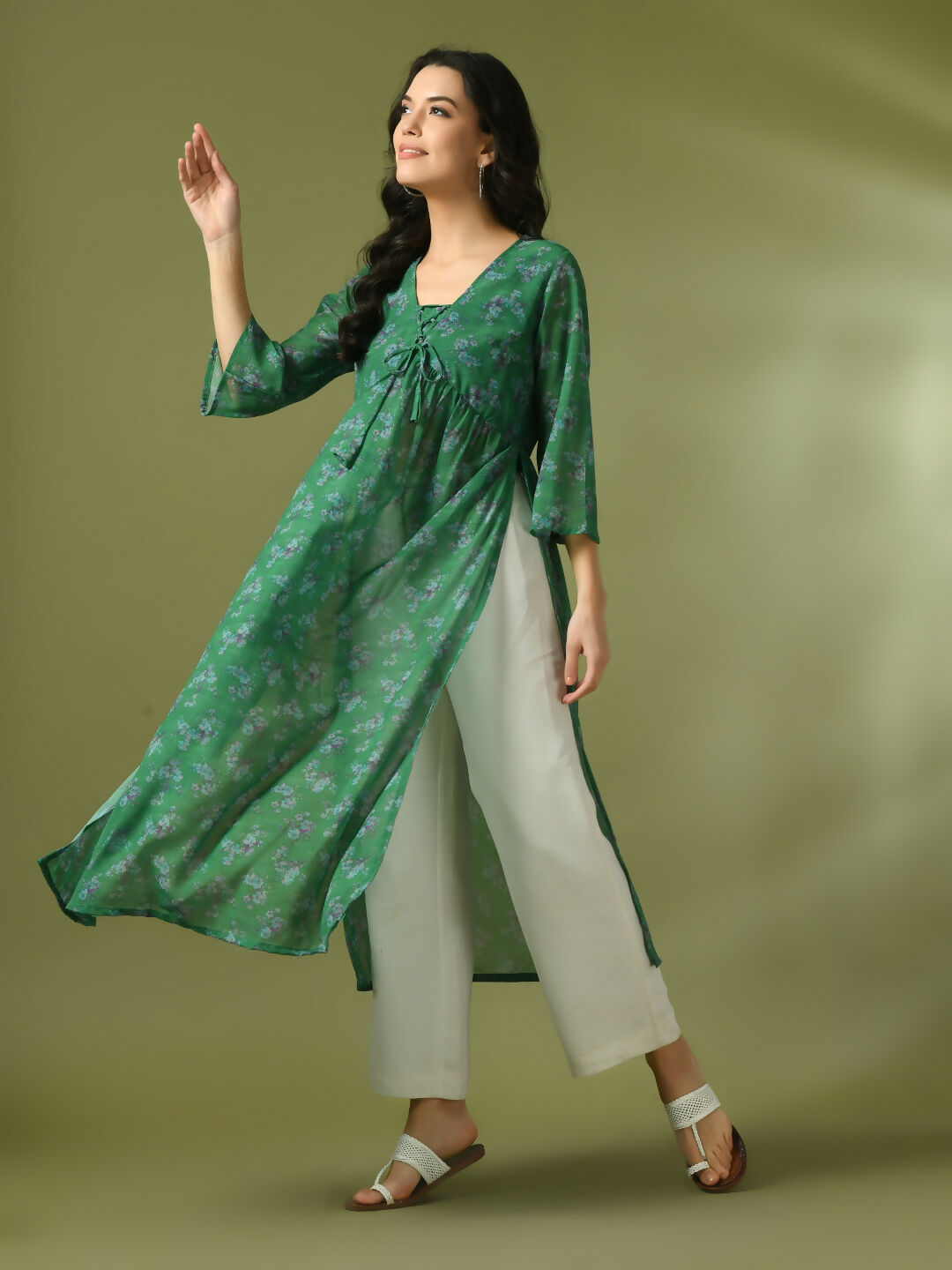 Myshka Women's Green Printed Georgette A-Line Nyra-cut Kurta