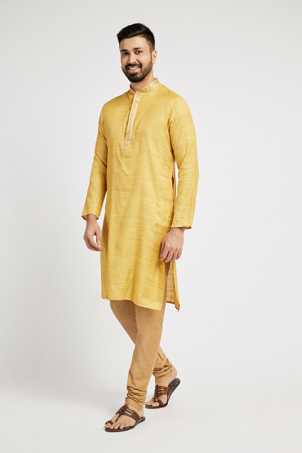 Ethnic India Yellow Men's Kurta Woven Design Polyester
