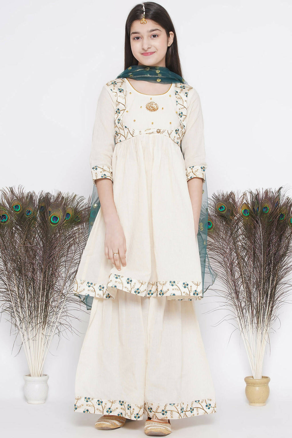 Little Bansi Blue Floral Embroidery Jacket with Cotton Kantha Frock Sharara and Dupatta with Ghungroo Handwork - Cream