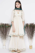 Little Bansi Blue Floral Embroidery Jacket with Cotton Kantha Frock Sharara and Dupatta with Ghungroo Handwork - Cream