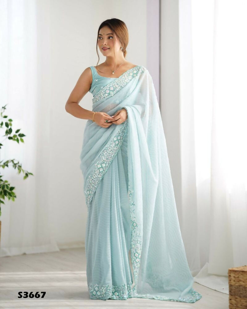 Georgette Designer Sequance Embroidery Work Party Wear Saree - Sky Blue