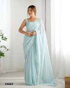 Georgette Designer Sequance Embroidery Work Party Wear Saree - Sky Blue