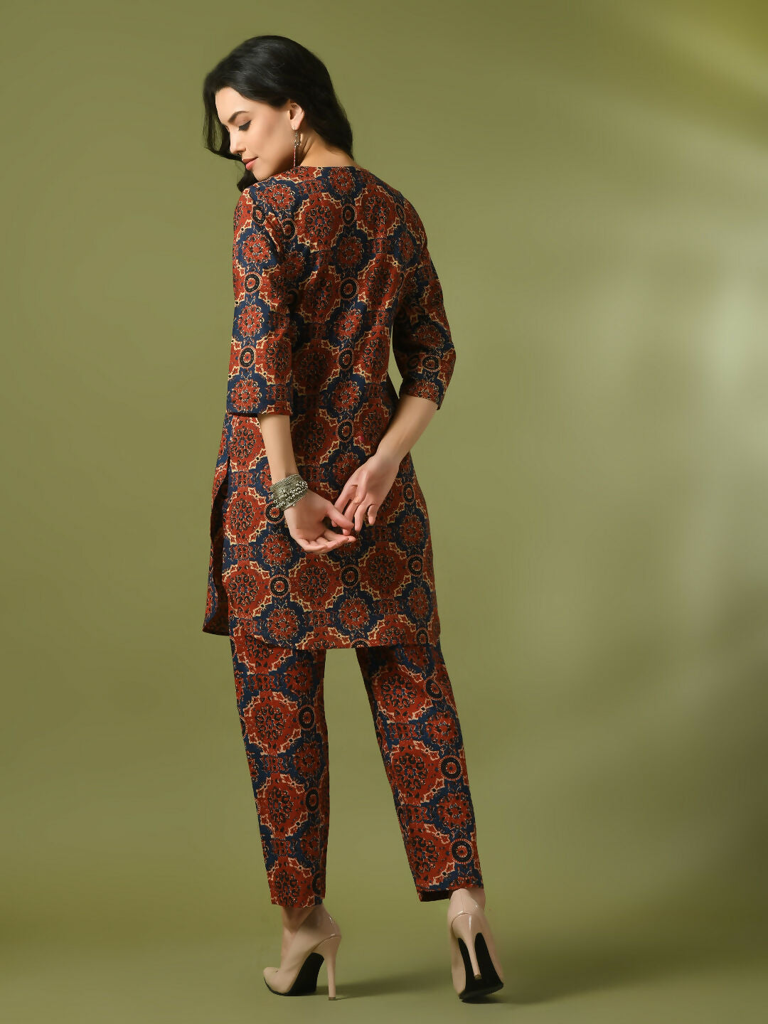 Myshka Women's Multi Printed Cotton Round Neck Party Tunic With Trousers Co-ord set