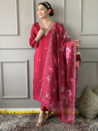 Rani Pink Viscose Chanderi Stitched Suit With Dupatta - Tanisha