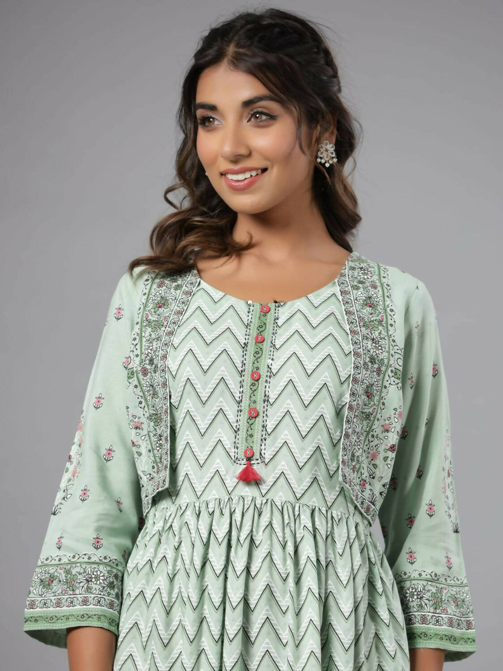 Juniper Women Sage Green Rayon Printed Jacket Style Midi Dress - Distacart