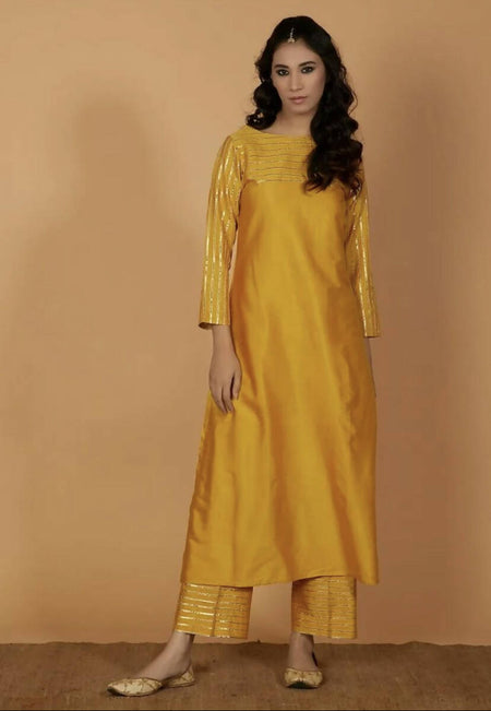 Cheera Women's Silk Blend Fancy Mustard Kurta Palazzo Set