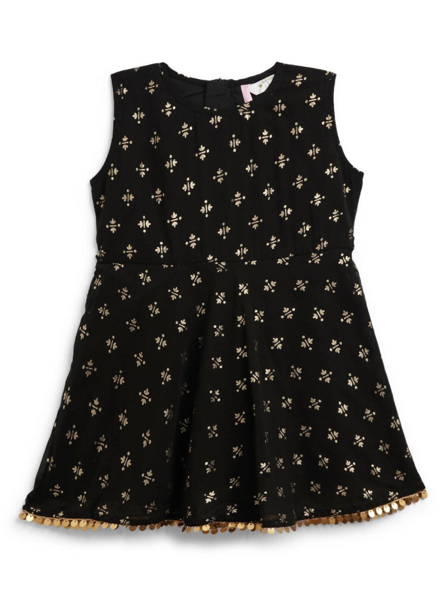 Ahalyaa Black Georgette Gold Foil Print Kids Peplum style Kurta Sharara Set With Dupatta For Girls