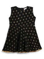 Ahalyaa Black Georgette Gold Foil Print Kids Peplum style Kurta Sharara Set With Dupatta For Girls