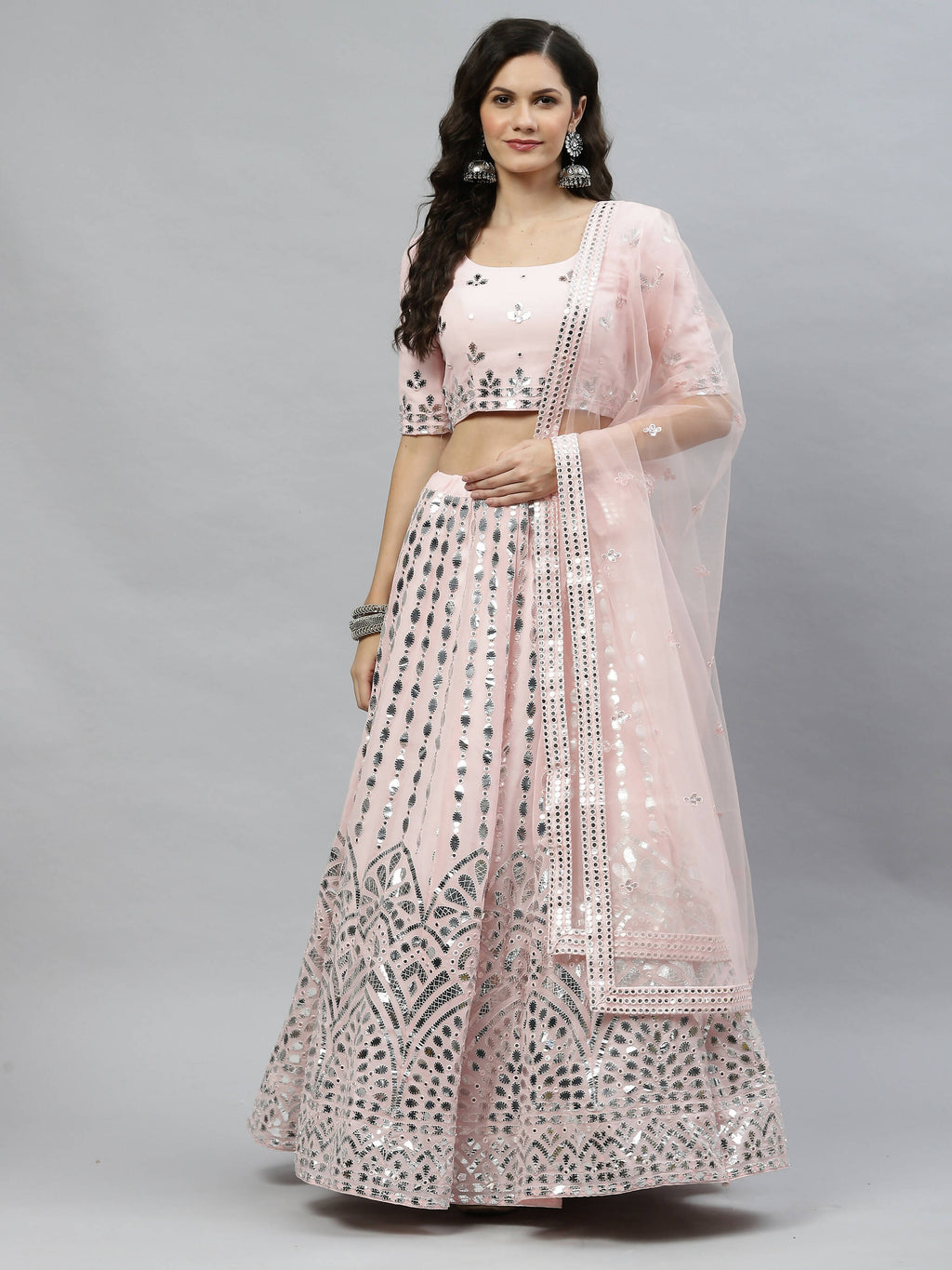 Pink Georgette Paper Mirror Embroidery Work Lehenga Choli with Dupatta - Jivika