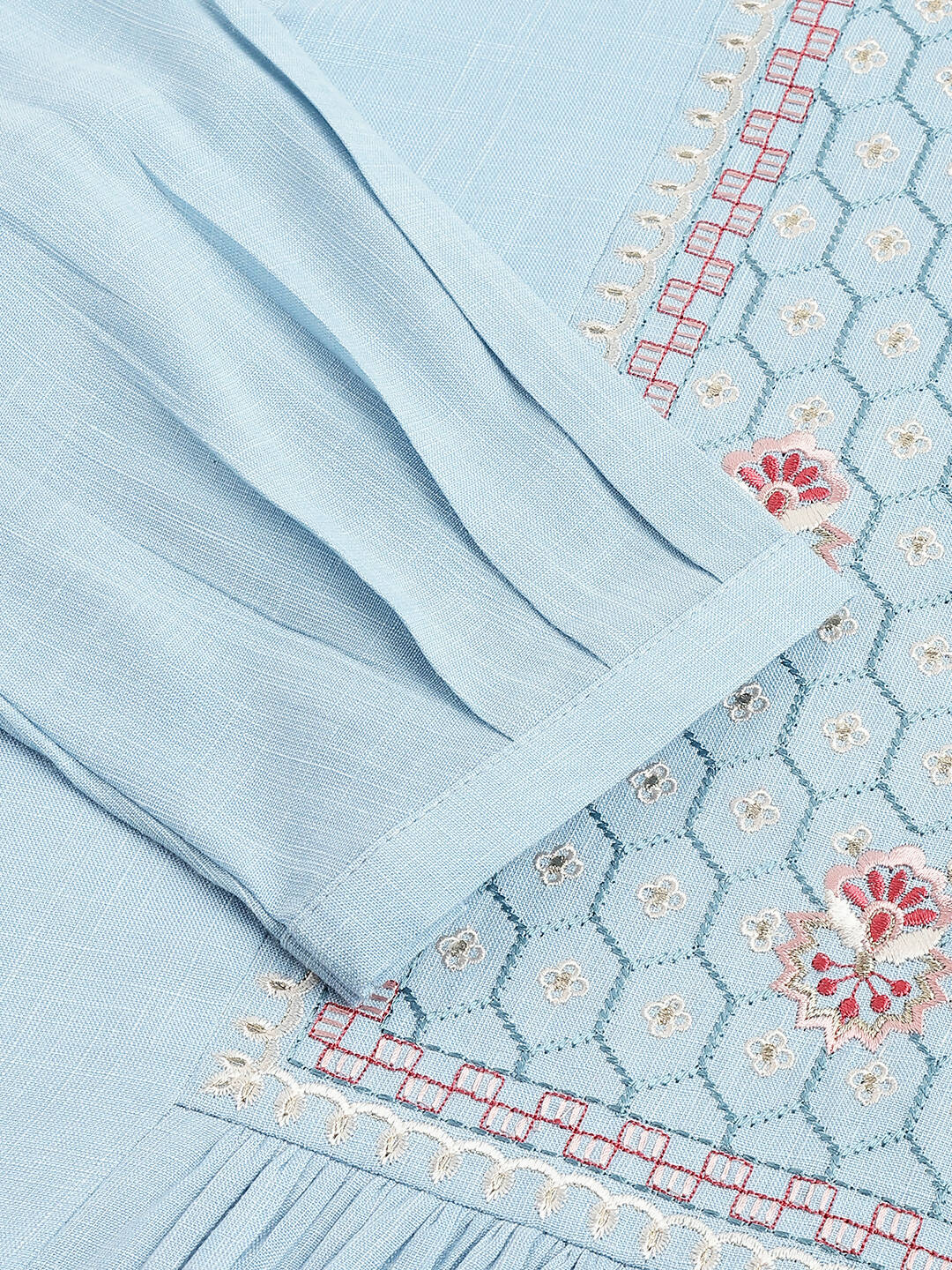 Light Blue Rayon Yoke Embroidered A-line Top - Tarini