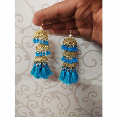 MS Fashion India Gold Color Jhumkas With Blue Color Pearls And Silk Threads Earrings