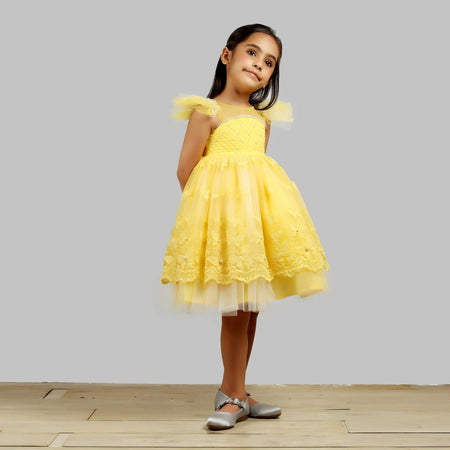 Pink Cow Fashions Yellow Dress With Net Layer At Bottom & Frill Sleeves