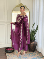 The52 Purple Women's Gorgeous Embroidered Vichitra Silk Fabric Flared Kurta Pant with Dupatta Set - Distacart