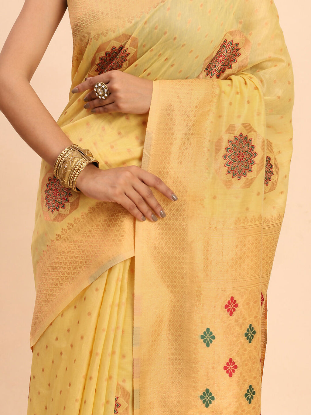 Shree Shyam Fashion Linen Cotton Yellow Saree - Distacart