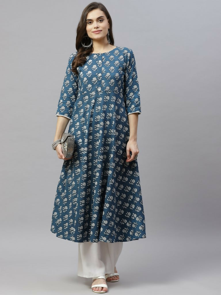 Miravan Women's Cotton Floral Printed Anarkali Kurta