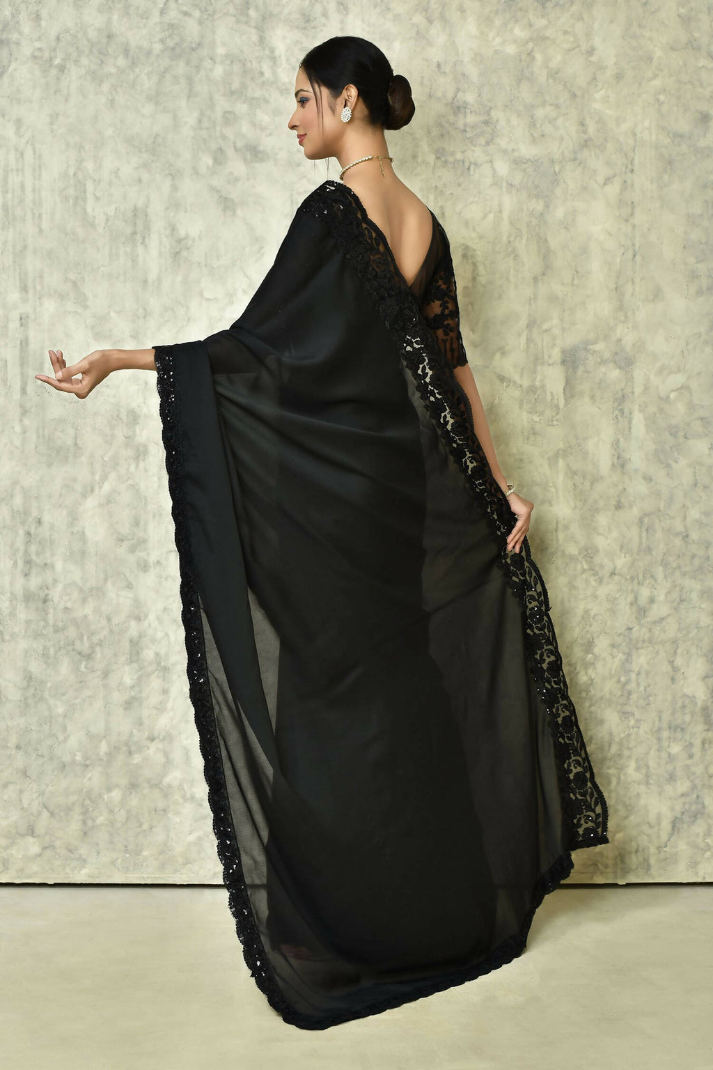 Black Silk Plain Saree with Blouse Piece - Purvi