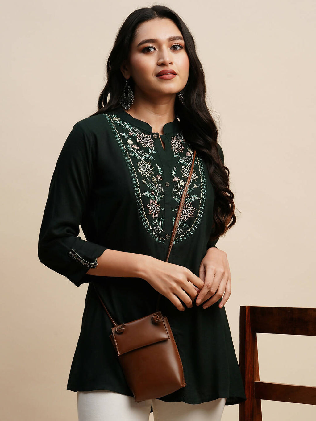 Dark Green Rayon Embroidered Top - Tarini