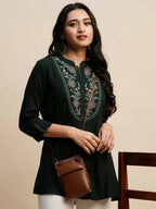 Dark Green Rayon Embroidered Top - Tarini