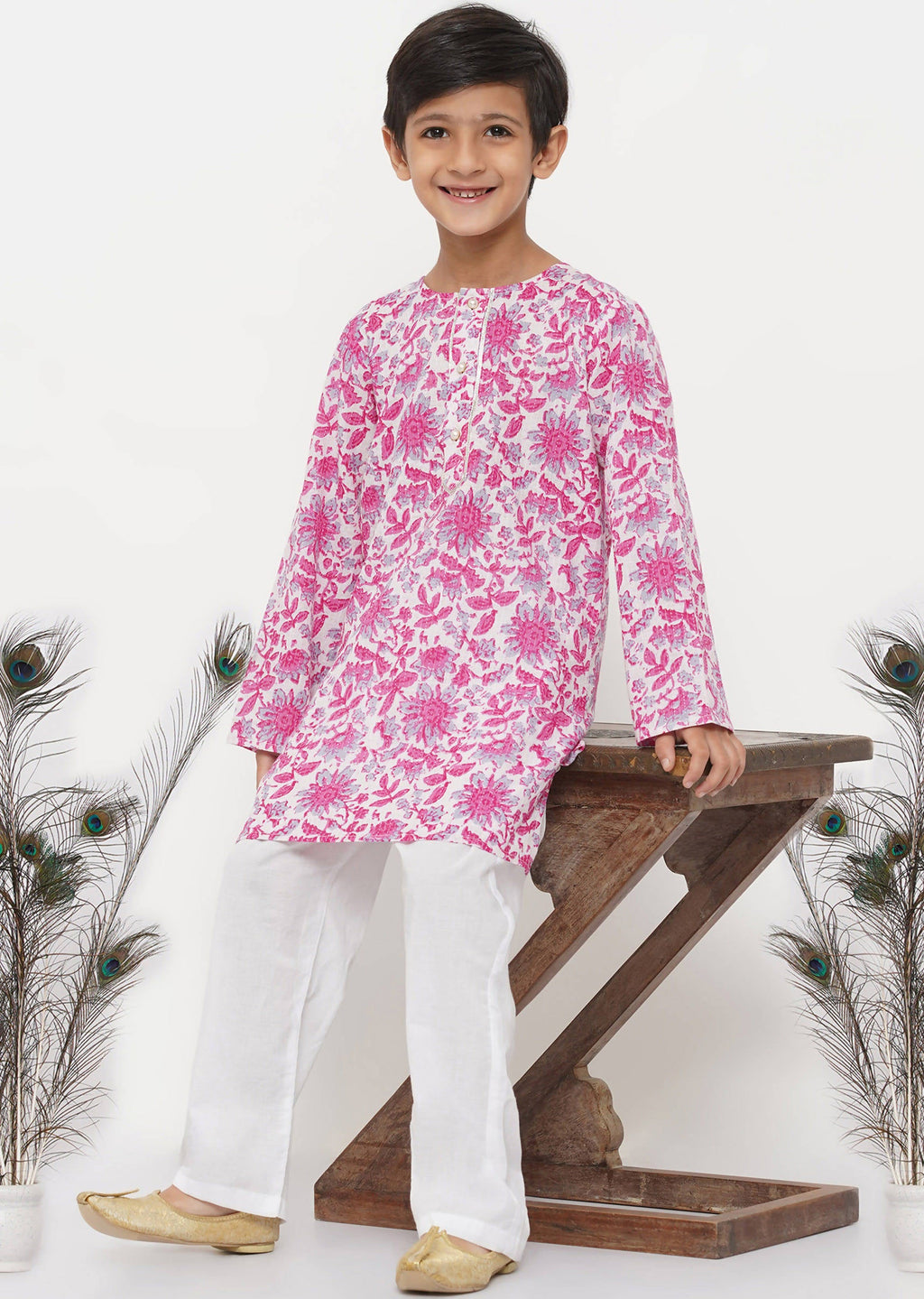 Little Bansi Boys Cotton Floral Kurta with Pearl Buttons & Pyjama in Pink & Cream