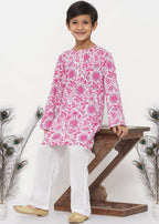 Little Bansi Boys Cotton Floral Kurta with Pearl Buttons & Pyjama in Pink & Cream