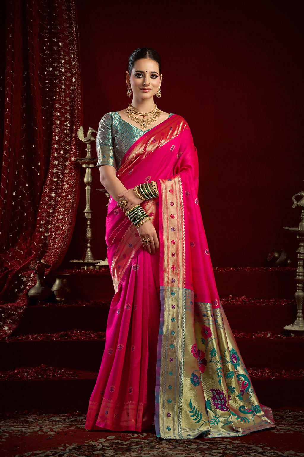 Joban Fashion Pink Paithani Silk Blend Butti Saree - Distacart