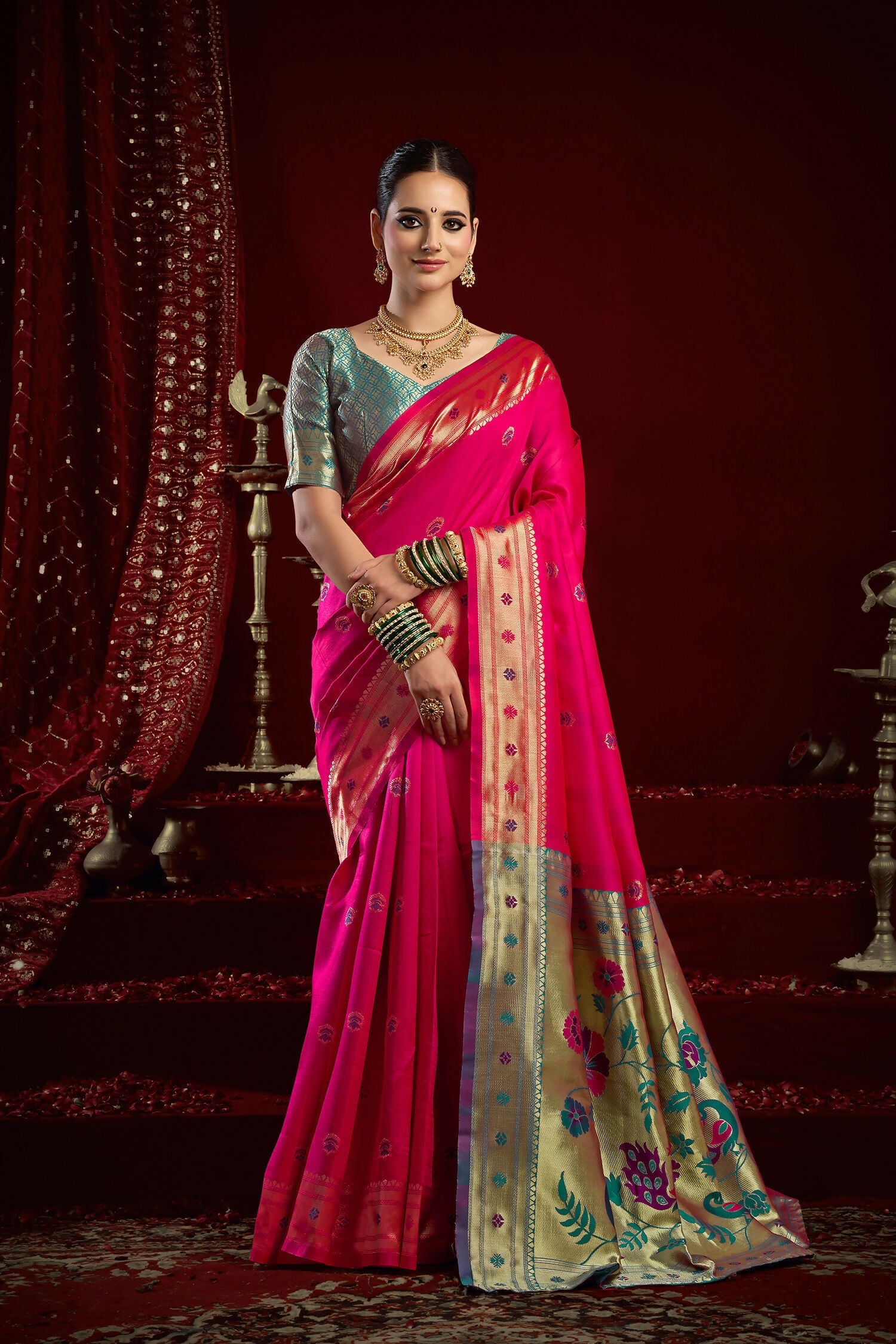 Joban Fashion Pink Paithani Silk Blend Butti Saree - Distacart