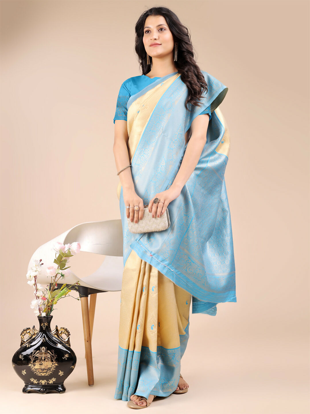 Shree Shyam Fashion Aura Silk Cream Sky Blue Banarasi Silk Saree