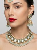 Jewel City Kundan and Mint Bead Traditional Necklace Set for Weddings | Gold-Plated Handcrafted Choker and Jhumka Earrings - Distacart