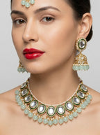 Jewel City Kundan and Mint Bead Traditional Necklace Set for Weddings | Gold-Plated Handcrafted Choker and Jhumka Earrings - Distacart