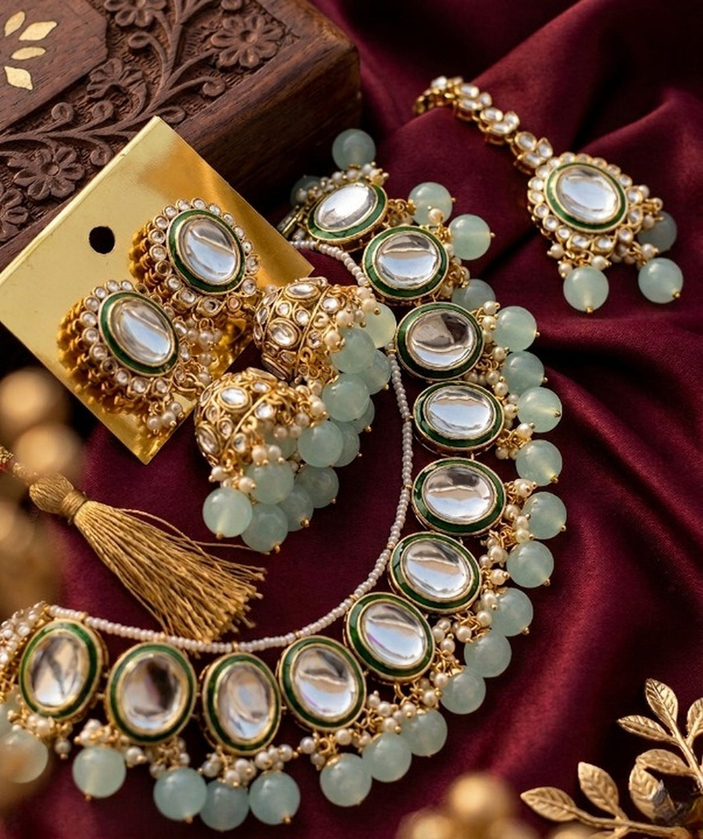 Jewel City Kundan and Mint Bead Traditional Necklace Set for Weddings | Gold-Plated Handcrafted Choker and Jhumka Earrings - Distacart