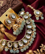 Jewel City Kundan and Mint Bead Traditional Necklace Set for Weddings | Gold-Plated Handcrafted Choker and Jhumka Earrings - Distacart