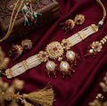 Jewel City Handcrafted Kundan & Pearl Choker Set - Traditional Gold-Plated Bridal Jewelry with Maroon Accents for Weddings - Distacart