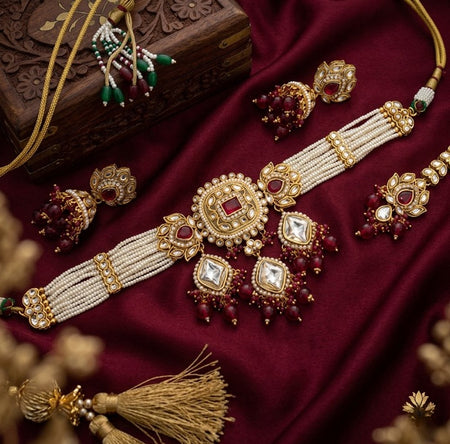Jewel City Handcrafted Kundan & Pearl Choker Set - Traditional Gold-Plated Bridal Jewelry with Maroon Accents for Weddings