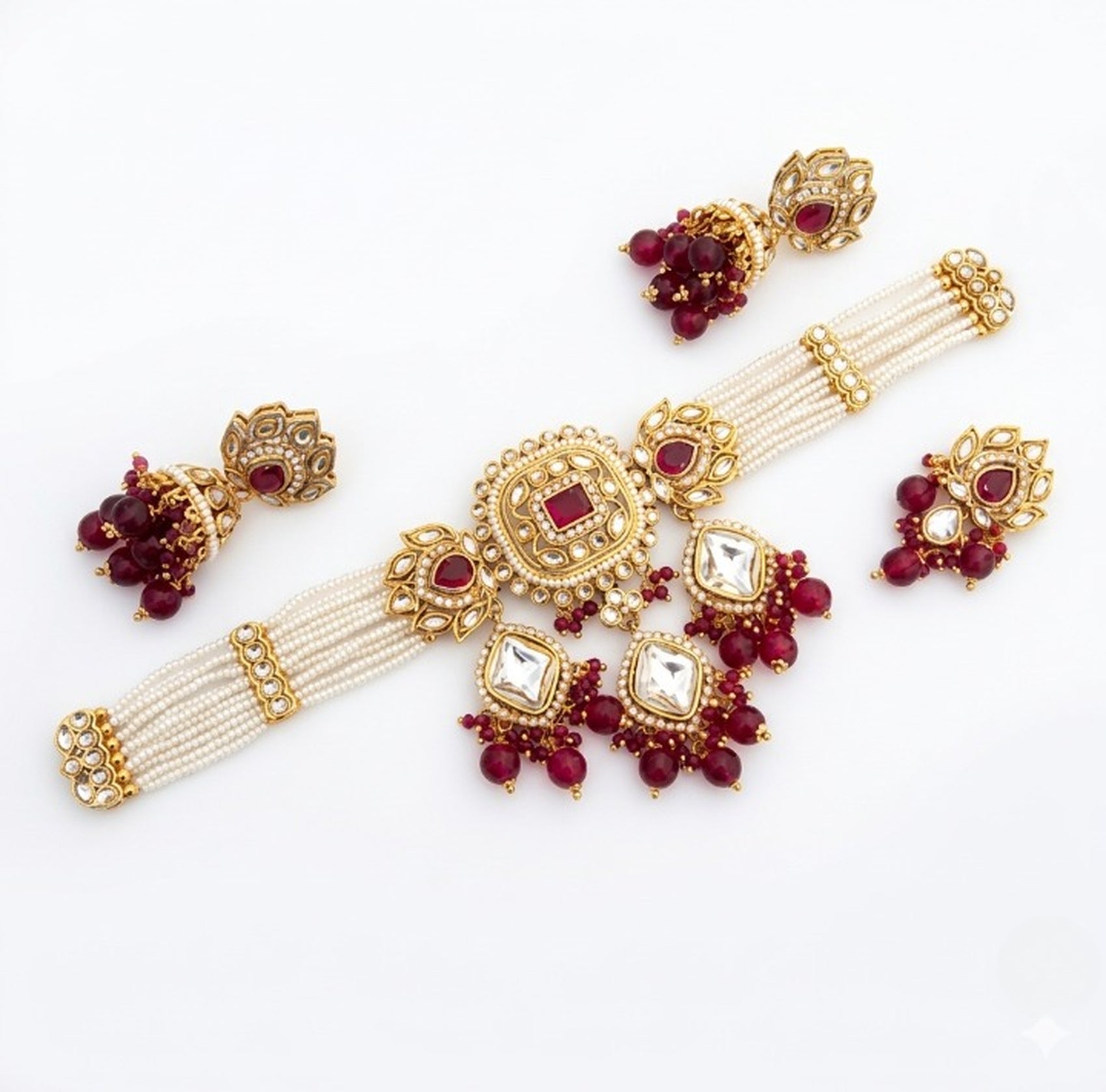 Jewel City Handcrafted Kundan & Pearl Choker Set - Traditional Gold-Plated Bridal Jewelry with Maroon Accents for Weddings - Distacart
