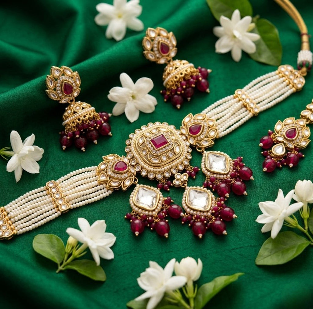 Jewel City Handcrafted Kundan & Pearl Choker Set - Traditional Gold-Plated Bridal Jewelry with Maroon Accents for Weddings - Distacart