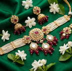 Jewel City Handcrafted Kundan & Pearl Choker Set - Traditional Gold-Plated Bridal Jewelry with Maroon Accents for Weddings - Distacart