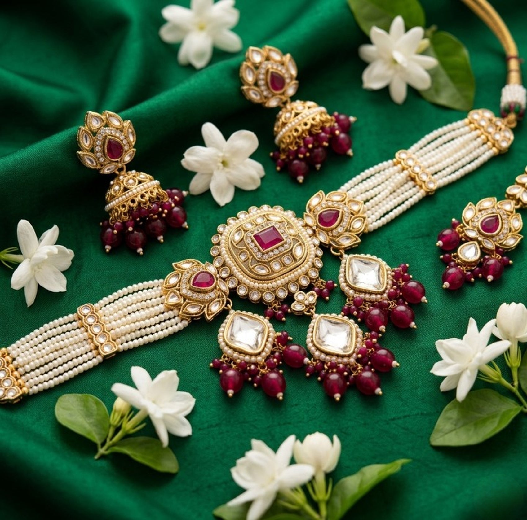 Jewel City Handcrafted Kundan & Pearl Choker Set - Traditional Gold-Plated Bridal Jewelry with Maroon Accents for Weddings - Distacart