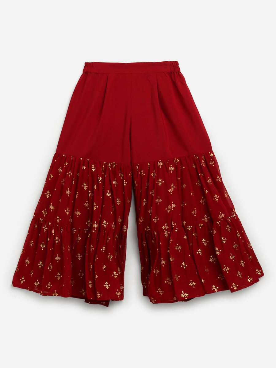 Ahalyaa Maroon Georgette Gold Foil Print Kids Peplum style Kurta Sharara Set With Dupatta For Girls