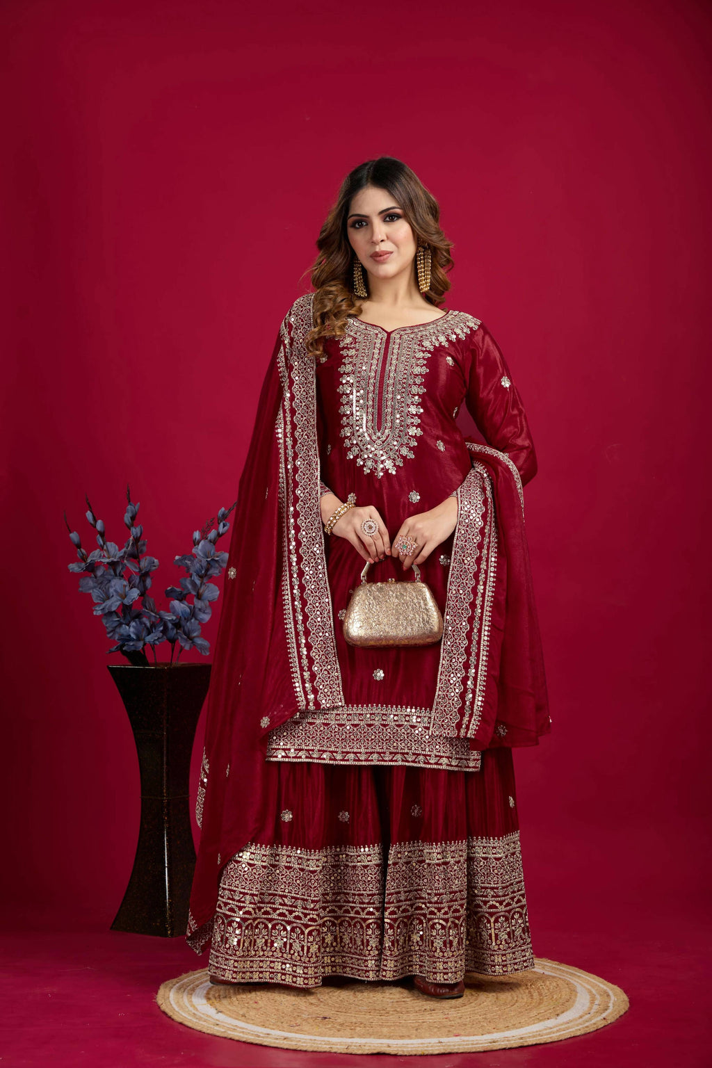 Joban Fashion Maroon Kurta Set Silk Sequins , Zari, Coding & Thread Embroidered work - Distacart
