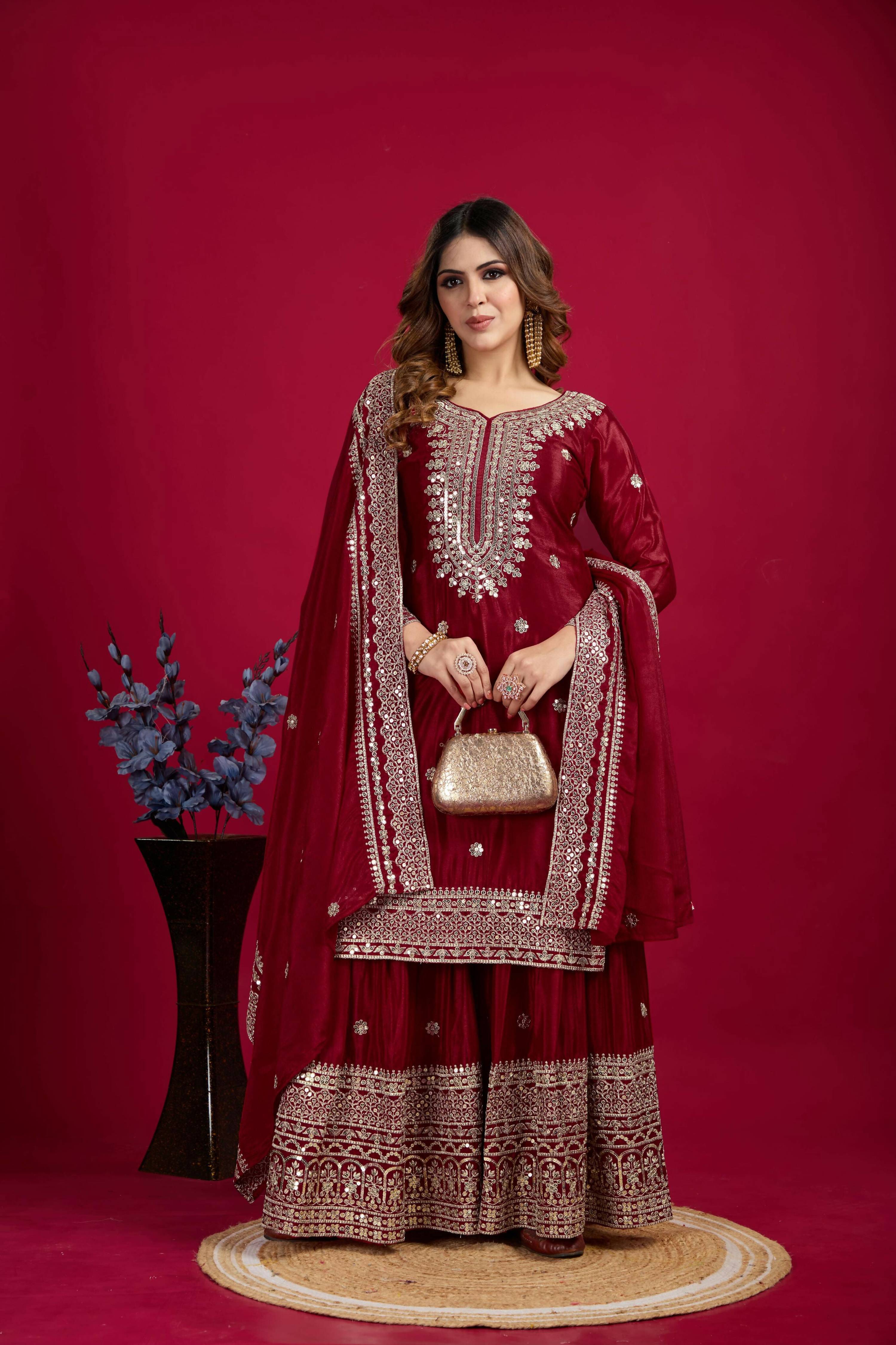 Joban Fashion Maroon Kurta Set Silk Sequins , Zari, Coding & Thread Embroidered work - Distacart