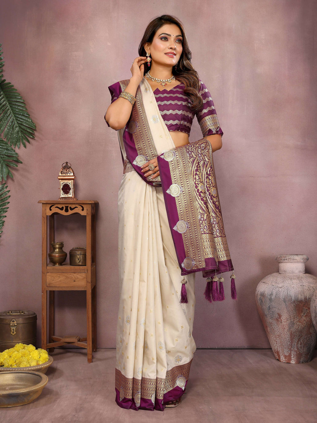 Aastha Fashion Cream Silk Sarees Weaving Saree - Distacart