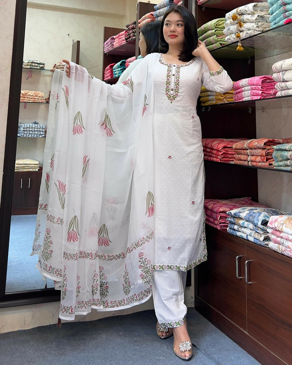 The52 White Women's Gorgeous Georgette Butti Fabric Embroidered Work Straight Kurta Pant and Dupatta Set - Distacart