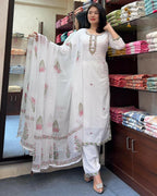 The52 White Women's Gorgeous Georgette Butti Fabric Embroidered Work Straight Kurta Pant and Dupatta Set - Distacart
