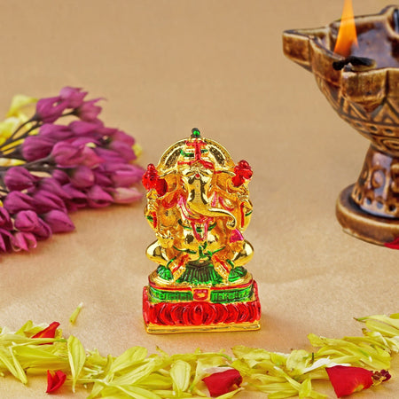 Estele Gold-Polished Spiritual Lord Divine Ganesha Idol with multi-color Stone Type:Enamel for Gifts & HouseWarming/Home/Office Decors