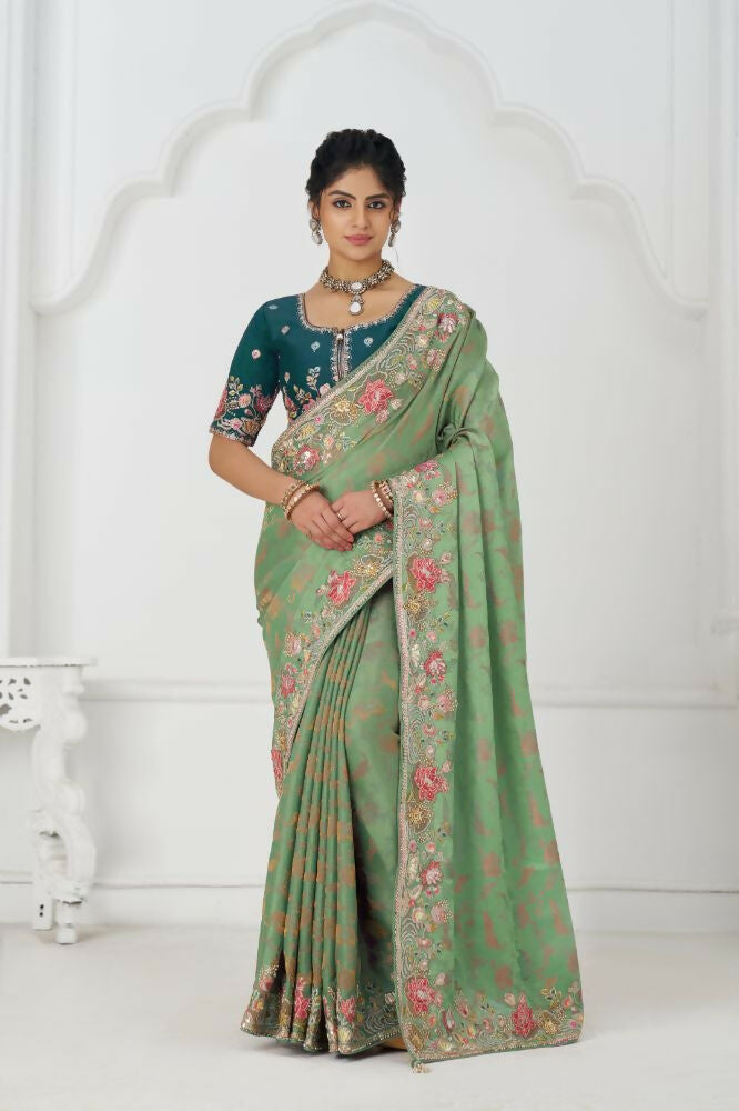 Kesar Fab Green Net Embroidered Lehenga