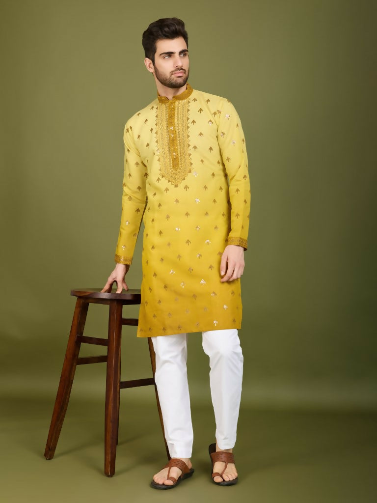 Vastranavya Ombre Yellow Premium Viscose Silk Thread & Sequence Embroidery work Kurta