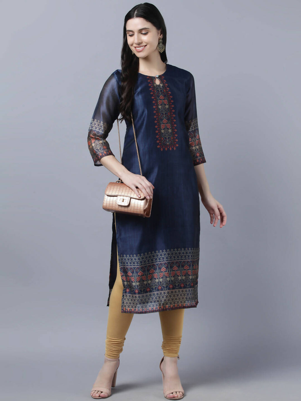 Myshka Women Navy Blue Ethnic Motifs Printed Keyhole Neck Chanderi Silk Kurta - Distacart